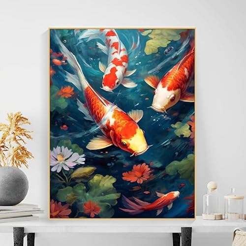 Malen nach Zahlen Erwachsene Fluss Lotus Rot Karpfen Fisch DIY Öl Leinwand Gemälde Set Anfänger ältere Acrylpigment Malen Malerei kreatives Geschenk Home Haus Deko 40x50 cm (Mit Rahmen) von Generisch