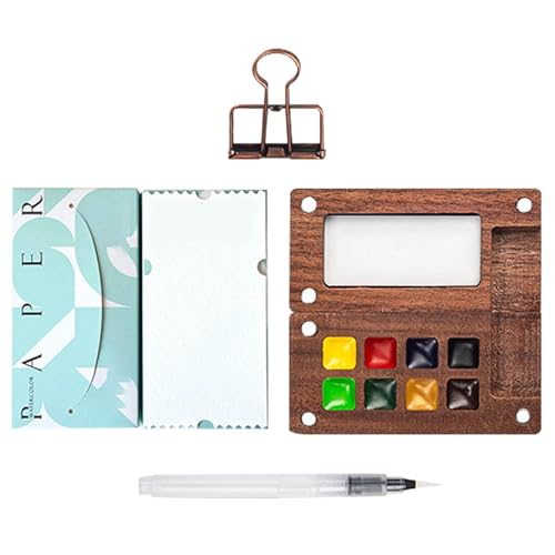 Malpalette aus Holz, Reise-Set, tragbares Aquarell-Paletten-Set, kleine Aquarell-Palette, kleine Farbpalette mit Clip, Aquarellstift, Zeichenpapier von Generisch