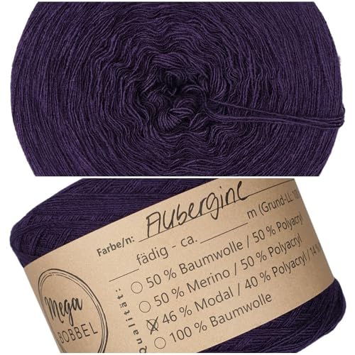 MegaBobbel- MODALmix *UNI-Aubergine*UMD11* - Lace Garn Bobbel Wolle zum Häkeln & Stricken (einfarbig) (3 fädig, 1000m) von Generisch