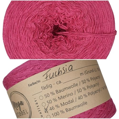 MegaBobbel- MODALmix *UNI-Fuchsia*UMD9* - Lace Garn Bobbel Wolle zum Häkeln & Stricken (einfarbig) (3 fädig, 1500m) von Generisch