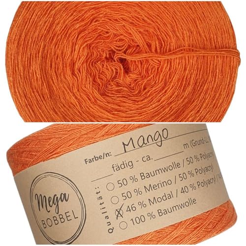 MegaBobbel- MODALmix *UNI-Mango*UMD19* - Lace Garn Bobbel Wolle zum Häkeln & Stricken (einfarbig) (3 fädig, 500m) von Generisch