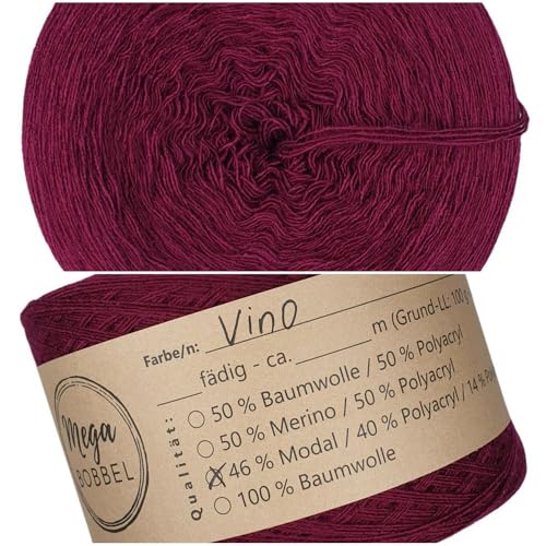 MegaBobbel- MODALmix *UNI-Vino*UMD14* - Lace Garn Bobbel Wolle zum Häkeln & Stricken (einfarbig) (3 fädig, 1500m) von Generisch