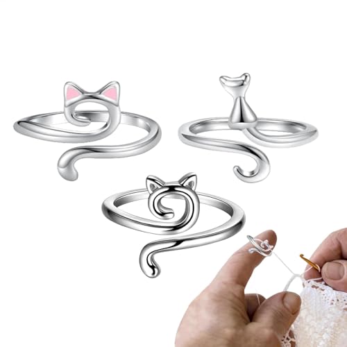 Metall Häkelring,3Pcs Häkelringe Zum Häkeln Verstellbarer Katze Häkel Ring Für Finger Silber Stricken Häkeln Loop Ring Strickzubehör Mit Box Für Frauen Mädchen Häkelgeschenke Für Häkelliebhaber von Generisch