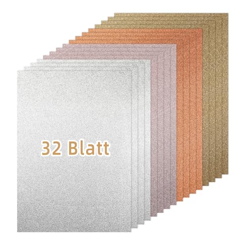 Metallische Farbe Glitzerpapier zum Basteln, 32 Blatt Bunt Glitzer Papier A4, 4 Farben, 250g/m² Glitterkarton zum Basteln und Gestalten von Generisch