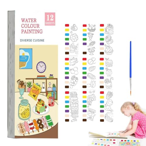 Mini Watercolor Paint Pad Kids,Pocket Watercolor Painting Book - Watercolor Book with Paint on Page,Travel Paint Watercolor Coloring Book Set - With Painting Brush (2pcs) (Food) von Generisch