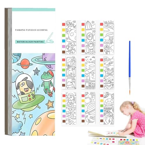 Mini Watercolor Paint Pad Kids,Pocket Watercolor Painting Book - Watercolor Book with Paint on Page,Travel Paint Watercolor Coloring Book Set - With Painting Brush (2pcs) (Space Travel) von Generisch