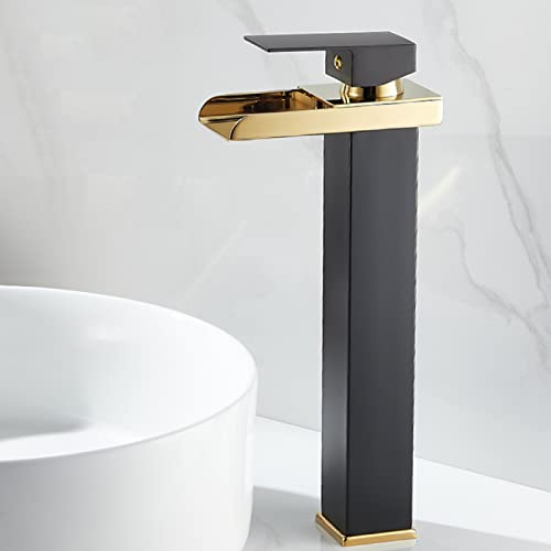 Moderner Weißgold-Wasserfall-Badezimmer-Waschbeckenarmatur, Einhebelmischer, Warm- und Kaltwassermischer, hoher Bogen-Design (Schwarzgold) von Generisch