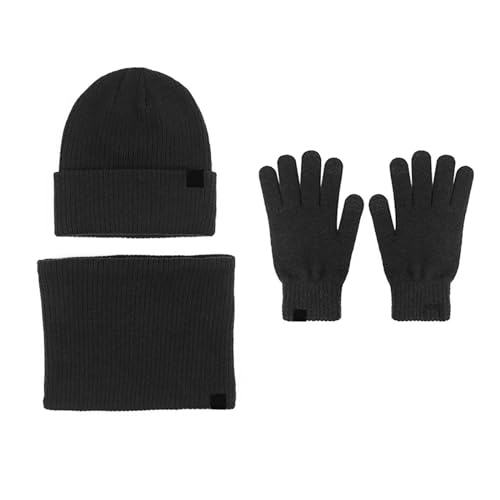 Mütze Damen Winter Set Frauen & Männer Winter Warme Niedliche Wolle Hut Schal Handschuhe DREI Stücke Winter Schnee Strickmütze Bildschirm Fäustlinge Schals Sets Tüllrock Gelb Herren (Black, One Size) von Generisch