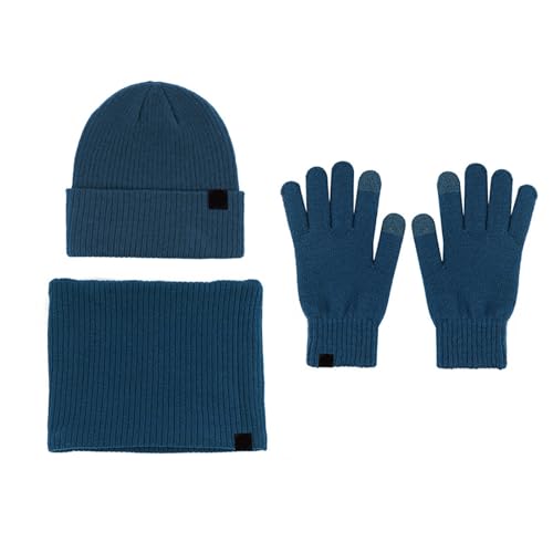 Mütze Damen Winter Set Frauen & Männer Winter Warme Niedliche Wolle Hut Schal Handschuhe DREI Stücke Winter Schnee Strickmütze Bildschirm Fäustlinge Schals Sets Tüllrock Gelb Herren (Blue, One Size) von Generisch