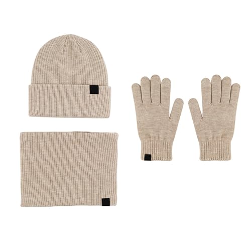 Mütze Damen Winter Set Frauen & Männer Winter Warme Niedliche Wolle Hut Schal Handschuhe DREI Stücke Winter Schnee Strickmütze Bildschirm Fäustlinge Schals Sets Tüllrock Gelb Herren (Khaki, One Size) von Generisch