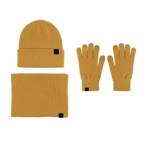 Mütze Damen Winter Set Frauen & Männer Winter Warme Niedliche Wolle Hut Schal Handschuhe Drei Stücke Winter Schnee Strickmütze Bildschirm Fäustlinge Schals Sets Tüllrock Gelb Herren (Yellow, One Size) von Generisch