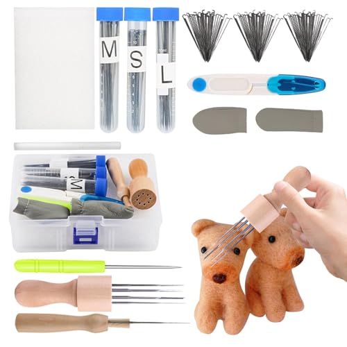 Nadelfilzwerkzeuge, Filznadeln | Anfänger Wollnadeln Punch Needle Kit,Wollfilzwerkzeug-Set mit Fingerschutz, Scherenetui, 3 Modellen mit Holzgriffen und Filznadeln in 3 Größen für gefilzte Tiere von Generisch