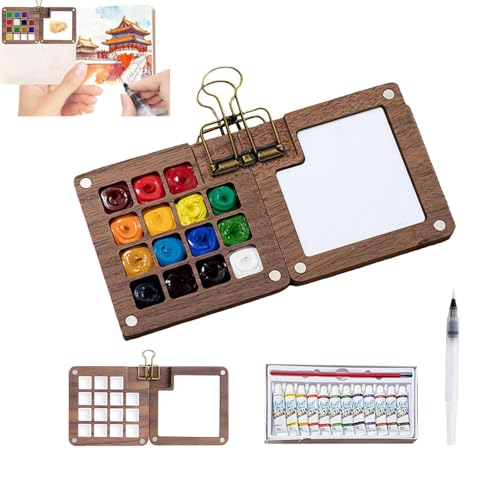 Nano Palette, Pocket Artist Travel Set Mini Portable Watercolor Travel Set, Painting Palette Portable Wooden Mini Paint Tray Palettes with Clip for Painting and Acrylic Paints (Walnut 15 Grids) von Generisch