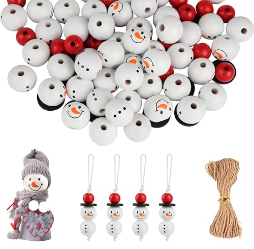 Natürliche Holzperlen für 30 Sets Schneemänner mit Schnur, 20mm Schneemanngesicht Holzperlen Set von Generisch