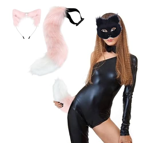 Niedlicher Tierschwanz-Anhänger für Halloween, für Damen, Halter mit Pompons, Schwanz, modisch, haariger Schwanz, 50 cm, Halloween-Plüschschwanz mit Plüsch-Ohren, Stirnband, Partybecher und Teller von Generisch