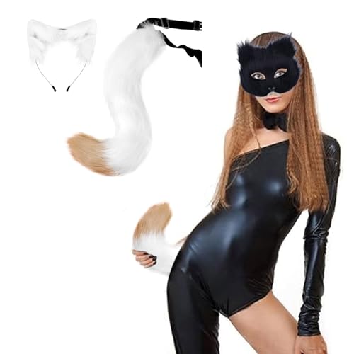 Niedlicher Tierschwanz-Anhänger für Halloween, für Damen, Halter mit Pompons, Schwanz, modisch, haariger Schwanz, 50 cm, Halloween-Plüschschwanz mit Plüsch-Ohren, Stirnband, Partybecher und Teller von Generisch