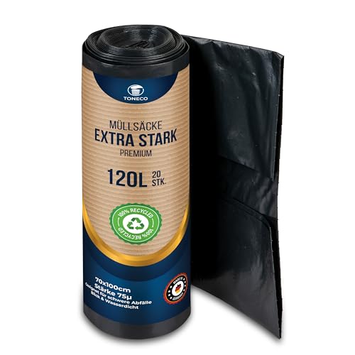 !!! Nirgendwo Günstiger !!! Profi Müllsäcke 120L EXTRA STARK - 70μ - 100% Recycelt - (20 bis 600 Säcke wählbar) - Rollengewicht 1,6 kg - XXL Mülltüten (200) von Generisch