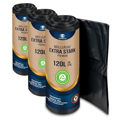 TONECO Profi Müllsäcke 120L EXTRA STARK 75μ - 60 Stück auf 3 Rollen -100% Recycelt - (20 bis 600 Säcke wählbar) - Rollengewicht 1,8 kg - XXL Mülltüten (60) von Generisch