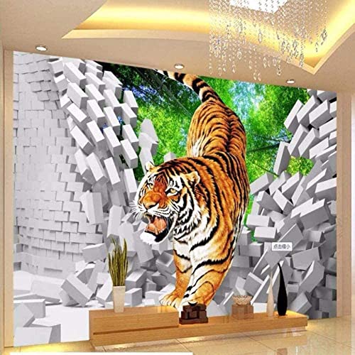 Nordic 3D Tiger Tapete für Wohnzimmer Schlafzimmer Wanddekor Tier Wand Breaking Design Groß 300 x 210 cm Größe Dekorative Wandbild Folie Wandverkleidung Einfach zu kleben mit Tapetenkleister von Generisch