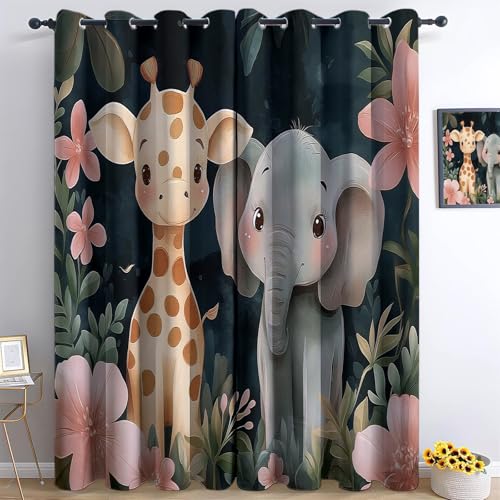 Ösen Vorhang Dunkelgrün Blickdicht Vorhänge Aquarellmalerei Giraffe Elefant Blumen Wohnzimmer Schlafzimmer Verdunklungsvorhänge Thermovorhang 3D Schallschutz Vorhang mit Ösen 2er Set H214 x B91.5 cm von Generisch