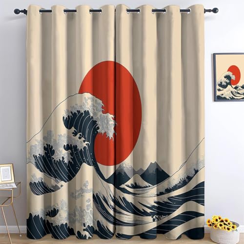 Ösen Vorhang Hellgelb Blickdicht Vorhänge Hokusai Rote Sonne Meereswellen Wohnzimmer Schlafzimmer Verdunklungsvorhänge Thermovorhang 3D Druck Schallschutz Vorhang mit Ösen 2er Set H214 x B91.5 cm von Generisch