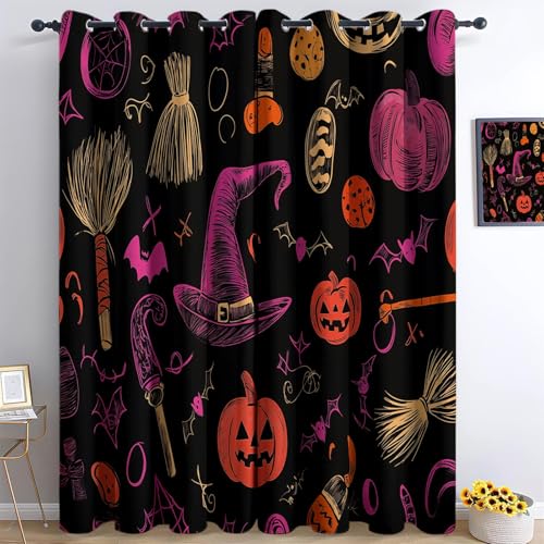 Ösen Vorhang Schwarz Blickdicht Vorhänge Halloween Kritzeleien Kürbis Hexenhut Besen Wohnzimmer Schlafzimmer Verdunklungsvorhänge Thermovorhang 3D Schallschutz Vorhang mit Ösen 2er Set H214 x B91.5 cm von Generisch