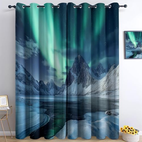 Ösen Vorhang Schwarz Blickdicht Vorhänge Naturlandschaft Nordlichter In Norwegen Wohnzimmer Schlafzimmer Verdunklungsvorhänge Thermovorhang 3D Schallschutz Vorhang mit Ösen 2er Set H214 x B91.5 cm von Generisch