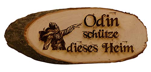 Odin schütze dieses Heim Baumscheibe Rindenscheibe Spruch Gravur Schild Geschenk Holz Erle unbehandelt + Aufhänger (1044 21-24 cm) von Generisch