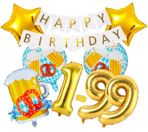 Oktoberfest Wasen Ballon Set, 1x Bierbecher 55x 85 cm, 2 runde blau weiße Ballons mit Prost Schriftzug 2 Goldene Sterne, Riesenzahl Gold 1-99 Geburtstag, Banner weiß (Zahl Gold + Banner weiß) von Generisch