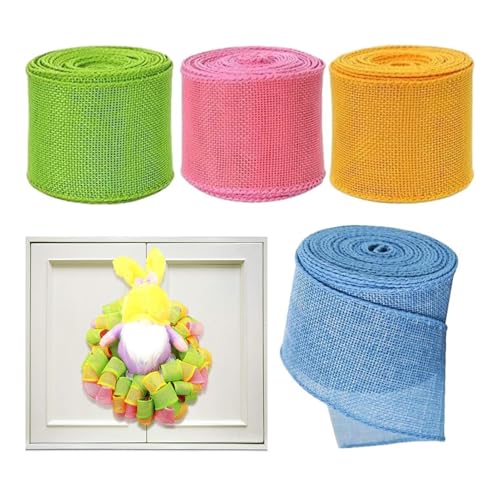 Ostern-Sackleinenbänder mit Draht,Ostern-Band mit Drahtrand | 4 Rollen Sackleinen-Geschenkband | Wickelkranz-Schleifendekor, Drahtkantenband für Pakete, Blumensträuße, Vasen und Körbe von Generisch