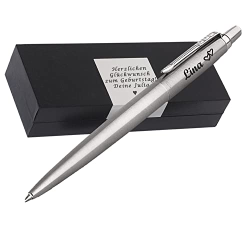 PARKER JOTTER CORE Edelstahl C.C. Kugelschreiber mit Wunschgravur Mittlere Spitze Blaue Tinte Geschenkbox mit Gravur Geschenk für Geburtstag Jubiläum Abschluss Prüfung PS114 von Generisch