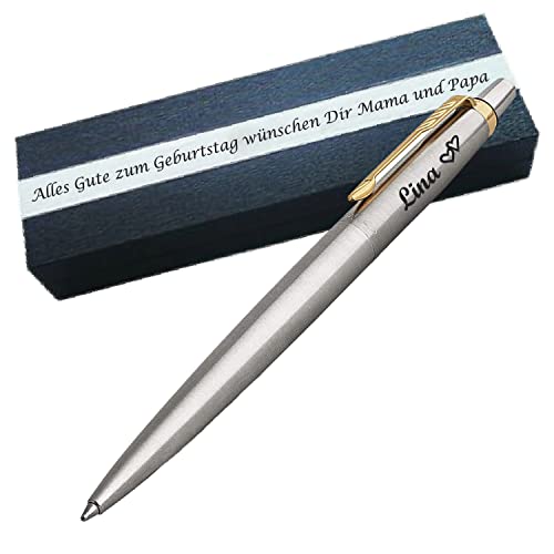 PARKER JOTTER CORE Edelstahl G.C. Kugelschreiber mit Wunschgravur Mittlere Spitze Blaue Tinte Geschenkbox mit Gravur Geschenk für Geburtstag Jubiläum Abschluss Prüfung PS113Box2 von Generisch