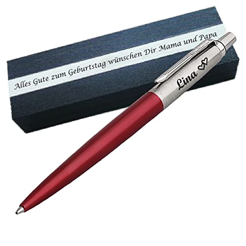 PARKER JOTTER ORIGINALS Red Kugelschreiber mit Wunschgravur Mittlere Spitze Blaue Tinte Geschenkbox mit Gravur Geschenk für Geburtstag Jubiläum Abschluss Prüfung PS115Box2 von Generisch