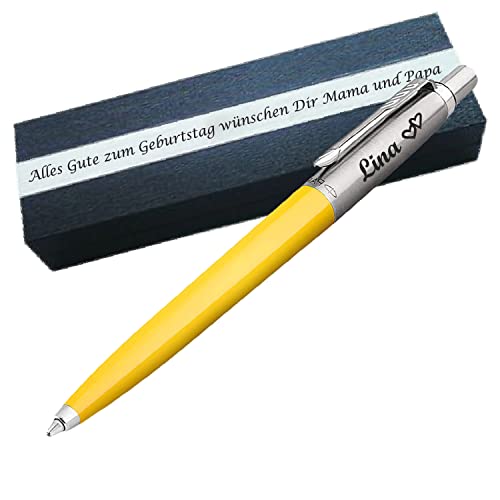 PARKER JOTTER ORIGINALS Yellow Kugelschreiber mit Wunschgravur Mittlere Spitze Blaue Tinte Geschenkbox mit Gravur Geschenk für Geburtstag Jubiläum Abschluss Prüfung PS117Box2 von Generisch