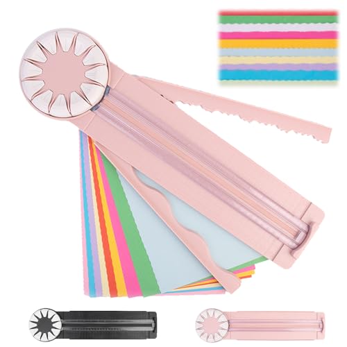 Papierschneider, 12 in 1 Papierschneider mit Schnittlinienführung Und Seitenlineal, Papierschneidemaschine mit Wellenschnitt, Multifunktionale Kantenschneider für Papierarbeiten (Rosa) von Generisch