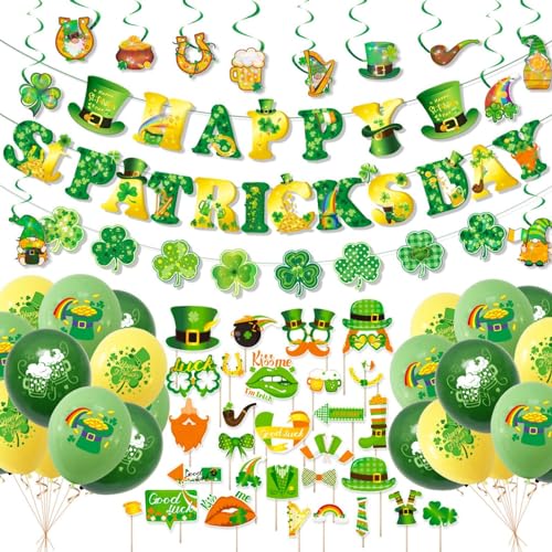 Party Dekorationssets zum St Patricks Day Irland Girlandenbanner 30 Fotoautomaten Requisitenset 18 Luftballons 12 hängende Wirbelornamente Irland St. Patrick's Day Elegant Dekoration von Generisch