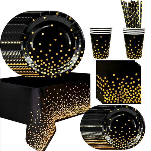 Party Geschirr Schwarz Gold,193pcs Schwarzgoldenes Geburtstag Party Geschirr Set-Pappteller Schwarz Gold Tischdecke etc Schwarz und Gold Partygeschirr von Generisch