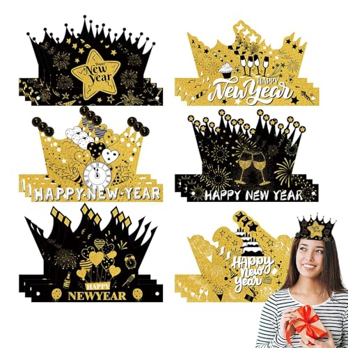 Partyhüte und Kronen, Frohes Neues Jahr Hüte | 18X Kronen-Papierhüte für Silvester,Neujahrs-Kopfbedeckung, Foto-Requisiten, schwarz-goldene Tiara für , Mädchen, Kinder, Erwachsene und Jugendliche von Generisch