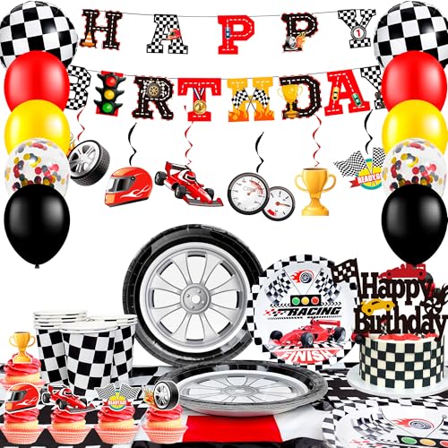 Rennwagen-Partyzubehör für Jungen, Race Car Birthday Decoration & Rennwagen Partygeschirr Set - Rennwagen Teller Becher Servietten Tischdecke Banner Ballon etc Race Cars Party Supplies von Generisch