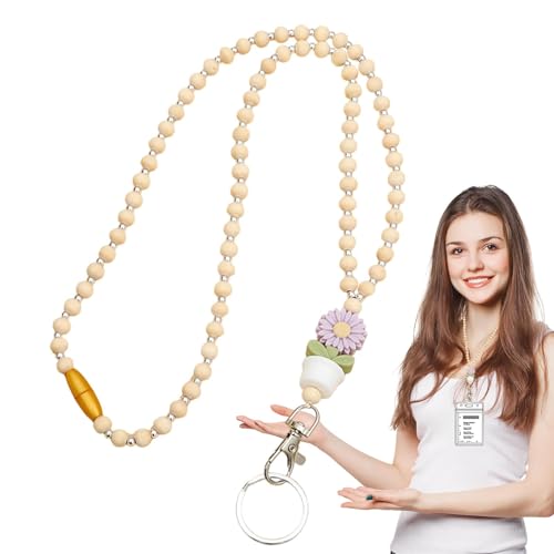 Perlen-Lehrer-Lanyard, Lehrer-Lanyard mit Ausweishalter - Blumen-Abzeichenhalter, Schlüssel, Brillenketten - Niedliche, modische Schlüsselbänder im Boho-Stil mit Blumen und Holzperlen für Frauen, Stud von Generisch