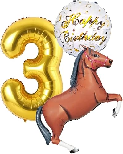 Pferde Party Geburtstags Set Deko, Pferd mit Riesenzahl 3 Gold 3 Jahre Geburtstag Braun Braunes Pferd Dekoration Ballon Mädchen Girl Geburtstag Cowboy Deko Folienballon 3 (Zahl 3) von Generisch