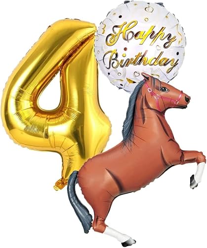 Pferde Party Geburtstags Set Deko, Pferd mit Riesenzahl 4 Gold 4 Jahre Geburtstag Braun Braunes Pferd Dekoration Ballon Mädchen Girl Geburtstag Cowboy Deko Folienballon 4 (Zahl 4) von Generisch