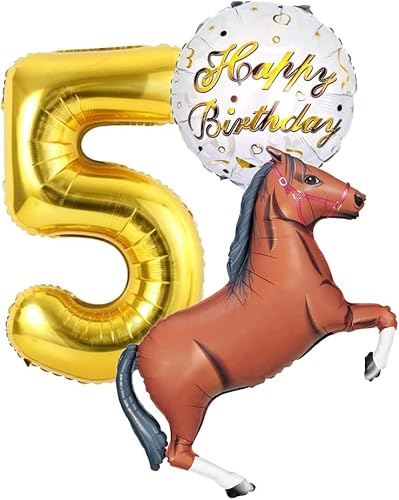 Pferde Party Geburtstags Set Deko, Pferd mit Riesenzahl 5 Gold 5 Jahre Geburtstag Braun Braunes Pferd Dekoration Ballon Mädchen Girl Geburtstag Cowboy Deko Folienballon 5 (Zahl 5) von Generisch