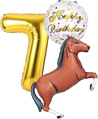 Pferde Party Geburtstags Set Deko, Pferd mit Riesenzahl 7 Gold 7 Jahre Geburtstag Braun Braunes Pferd Dekoration Ballon Mädchen Girl Geburtstag Cowboy Deko Folienballon 7 (Zahl 7) von Generisch