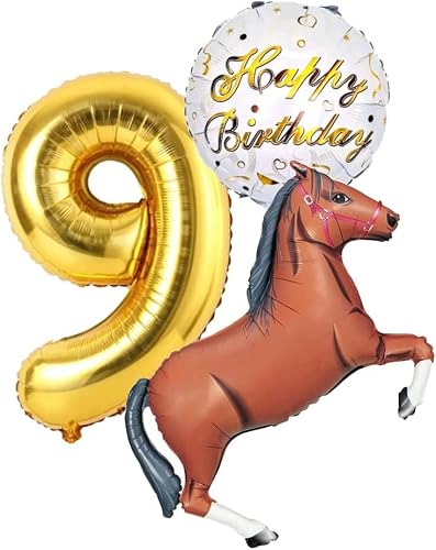 Pferde Party Geburtstags Set Deko, Pferd mit Riesenzahl 9 Gold 9 Jahre Geburtstag Braun Braunes Pferd Dekoration Ballon Mädchen Girl Geburtstag Cowboy Deko Folienballon 9 (Zahl 9) von Generisch