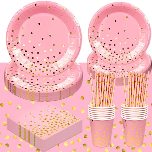 Rosa und Goldenes Partygeschirr, 193pcs Rosa Geburtstag Geschirr Set - Rosa und Golden Teller Pappbecher Servietten etc Rosagoldfolie Partygeschirr von Generisch