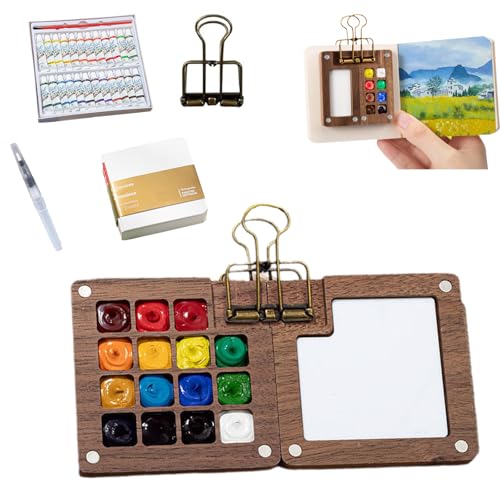 Pocket Artist Watercolor Travel Set, Mini Watercolor Paint Set, 8/15 Grids Detachable Watercolor Paint Palette, Sketchbook Wooden Palette Box and Travel Artist Brushes Set (15 Gitter und 24 Arten) von Generisch