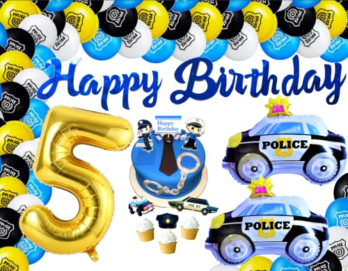 Polizei Set XXL Police Gold Zahl 5 100cm Riesenzahl 5 Set 5. Party Deko Ballons Dekoration 5 Jahre Happy Birthday Kinder boys girls Deco Folienballon Ballon 5 Policeman Auto Geburtstag (Zahl 5) von Generisch