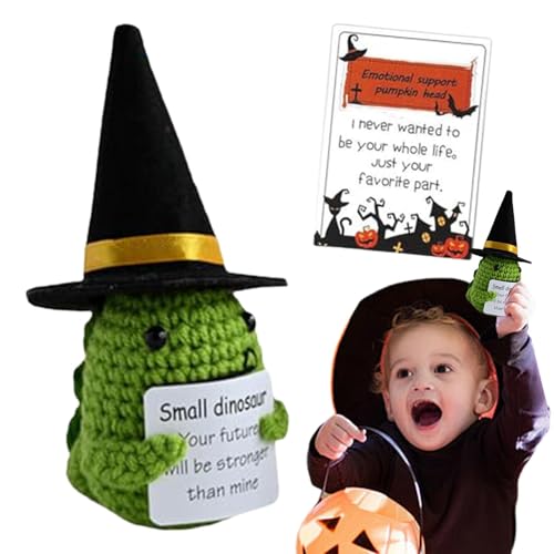 Positive Affirmationspuppe, Halloween-Kürbisköpfe, handgefertigte Häkel-Puppe, süße Gurke, Strickpuppe mit positiver Karte für Schwester von Generisch