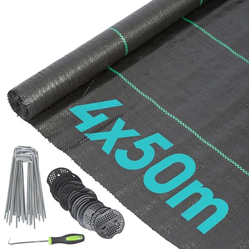 Premium Unkrautvlies, 4 m x 50 m, strapazierfähig, 110 g/m², Bodendeckerrolle, mit Heringen und Platten, ideal für Gartenlandschaft und Unkrautverhütung, Schwarz von Generisch